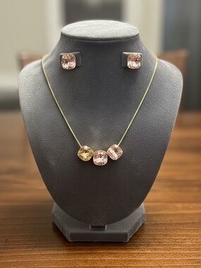 Gold Necklace and Stud Earring Set with Pink and Champagne Stones